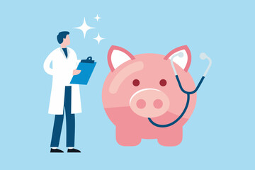 Doctor with clipboard examines a piggy bank with a stethoscope symbolizing healthcare costs and savings