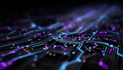 Abstract circuit board design, vibrant neon lines and glowing components on a dark background