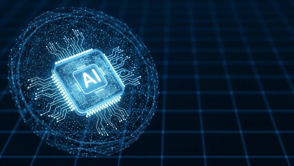 A glowing AI chip floating inside a digital holographic cloud, futuristic concept symbolizing artificial intelligence, cloud computing, and global data network integration.