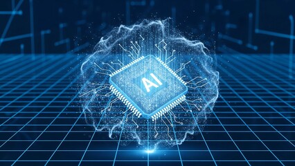 A glowing AI chip floating inside a digital holographic cloud, futuristic concept symbolizing artificial intelligence, cloud computing, and global data network integration.