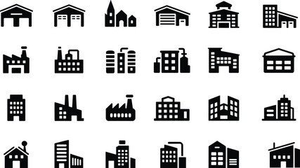 Industrial factory warehouse and building icons set, modern architecture silhouette template, real estate construction symbols cad drawing flat vector illustration