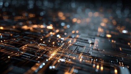 Abstract circuit board with glowing pathways.  Complex network of interconnected lines and components, highlighted by warm, golden light.  Dark background with soft bokeh