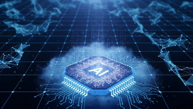 A glowing AI chip floating inside a digital holographic cloud, futuristic concept symbolizing artificial intelligence, cloud computing, and global data network integration.