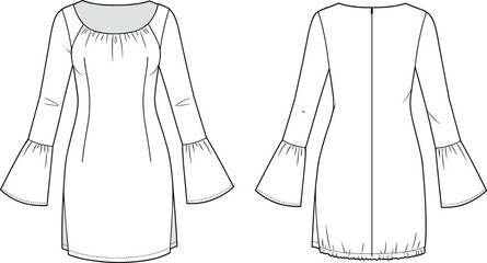 Fashion dress sketch, CAD drawing, flat technical design, bell sleeve dress, front and back view, vector garment illustration