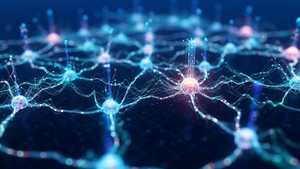 Abstract glowing neural network with futuristic light connections, holographic visualization symbolizing artificial intelligence data processing, deep learning, and machine intelligence.