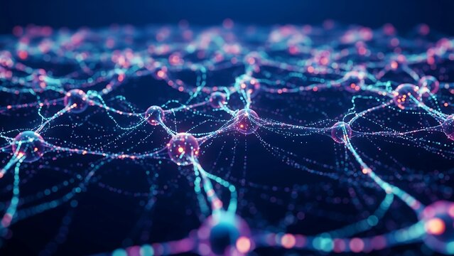 Abstract glowing neural network with futuristic light connections, holographic visualization symbolizing artificial intelligence data processing, deep learning, and machine intelligence.
