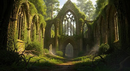 Overgrown Abbey Ruins: Nature's Embrace on Ancient Stone Archite