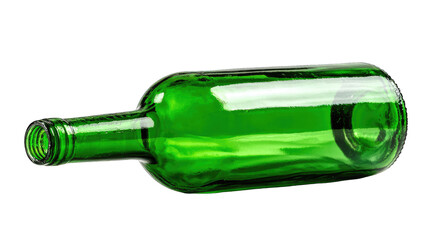 Empty green wine bottle angled on black background