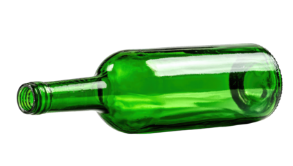 Empty green wine bottle angled on black background