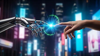 A robotic hand reaching for a human hand, inspired by the Creation of Adam, glowing light between fingers, symbolizing the origin and connection of artificial intelligence and humanity.