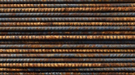 Close up of a Stacked Array of Rusty Steel Rebar, Showing Textured Surfaces and Weathered Industrial Strength, Forming a Robust Construction Background Concept
