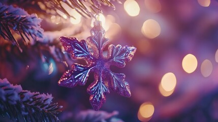 Close-Up Shiny Christmas Ornament in Shape of Bell or Snowflake with Glowing Lights and Bokeh Background - Space for Text