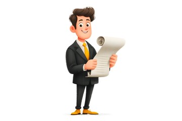 A man in a suit is holding a piece of paper and smiling