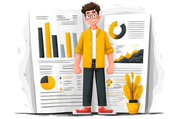 A man stands in front of a book with graphs and charts