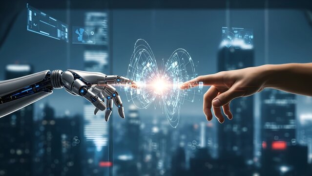 A robotic hand reaching for a human hand, inspired by the Creation of Adam, glowing light between fingers, symbolizing the origin and connection of artificial intelligence and humanity.