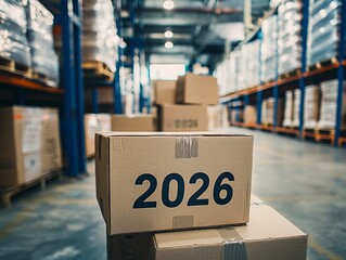 Several cardboard boxes arranged neatly in warehouse, with numbers "2026" prominently displayed on boxes.