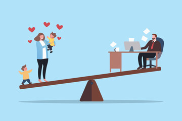 Fototapeta premium Mother with children on one side of a seesaw balanced against a father working at a desk on the other side