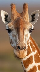 Obraz premium Close-up of a giraffe's face, showcasing its distinctive brown and white patterned fur, large eyes, and unique head shape, against a blurred background