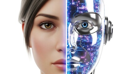 A futuristic concept of human and AI fusion, showing half human and half robotic face connected by glowing circuits, symbolizing integration between humanity and artificial intelligence.
