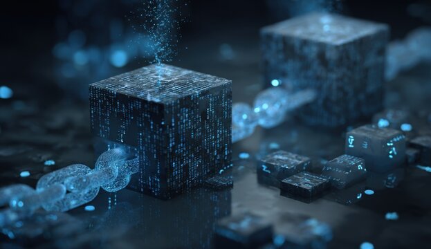 Dark, futuristic cubes with glowing digital data, linked by a chain.  Abstract, 3D render - Powered by Adobe