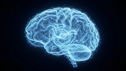 A glowing artificial intelligence digital brain made of circuits and light, floating as a futuristic hologram symbolizing neural networks and advanced machine intelligence.