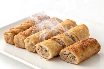 Golden fried spring rolls filled with savory ingredients on a white plate
