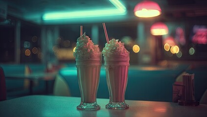 Two milkshakes in a diner at night (1)