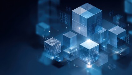 Abstract digital cubes in a dark blue space.  Floating, interconnected translucent cubes with glowing inner structures and data elements.  Deep background