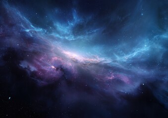 Vast cosmic nebula, swirling clouds of vibrant blues, purples, and pinks, scattered stars, deep space