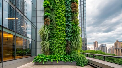 Vertical garden installation thrives on urban balcony with lush greenery in modern skyscraper setting