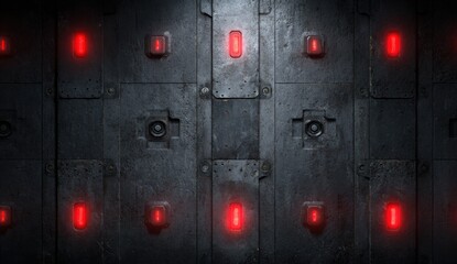 Dark metal panel wall with red lights.  Focus on a central illuminated section