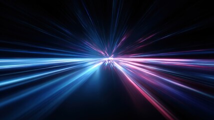 In a vast dark environment, beams of blue and pink light emanate outward, creating an ethereal and dynamic visual effect. The colors blend and interact in a captivating way.