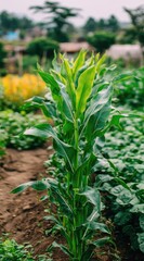 Tall, slender corn stalk rising above a garden row of leafy plants, blurred green trees and buildings in distance, on a muted cloudy day