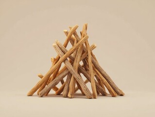 A meticulously arranged conical pile of light and dark brown sticks rests on a neutral beige background, suggesting a minimalist depiction of firewood or kindling
