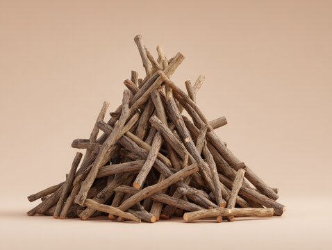 A meticulously arranged conical pile of light brown, slender firewood sticks rests on a pale peach background.  The sticks vary slightly in length and thickness, creating a textured, rustic aesthetic - Powered by Adobe