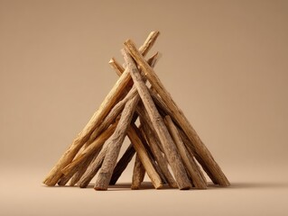 A meticulously arranged teepee of light brown, slender, textured sticks against a muted beige background.  The sticks are uniformly sized and create a symmetrical, conical structure
