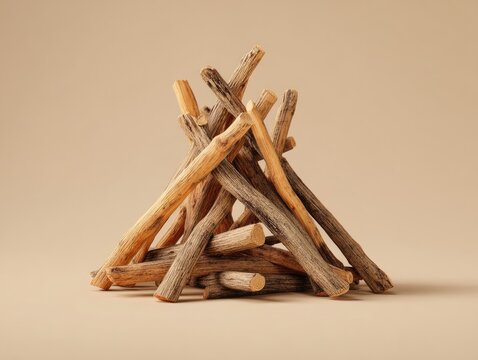 A meticulously arranged pile of small, weathered twigs and branches, forming a miniature, conical bonfire shape against a muted beige background - Powered by Adobe