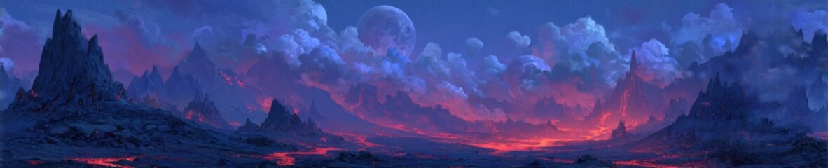 Vast,  colorful,  mountainous landscape at twilight.  Deep blues and fiery pinks  blend in a dramatic  sky with large,  diffuse clouds