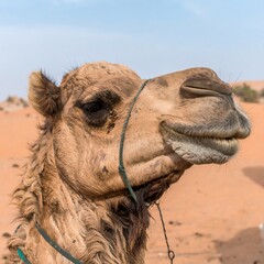 Close-up of a camel's head and neck in desert