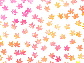 モミジの紅葉イメージの背景素材。水彩風テクスチャー。葉っぱのシルエット。かわいい色調。光の粒子や水滴の輝き。