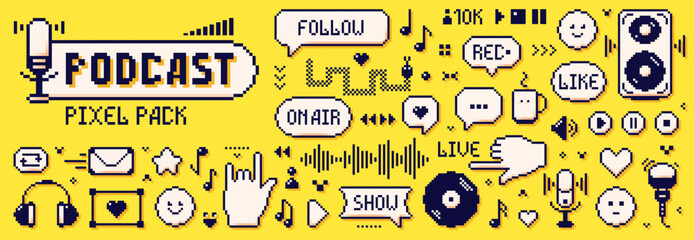 Pack with 8 bit Y2K pixel podcast elements on yellow background. 