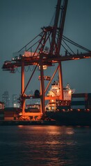 Fototapeta premium Industrial Port Operations at Dusk with Cargo Ship