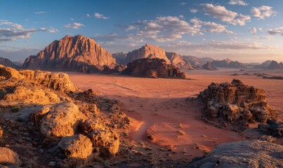 Desert mountain vista at dawn.  Sunrise hues paint sandstone peaks and valleys.  Rocky terrain stretches to distant mesas