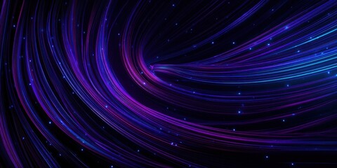 Abstract swirling lines of vibrant purple and blue light, dotted with tiny lights, on a dark background