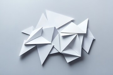 Obraz premium A minimalist composition featuring folded white paper triangles arranged in a geometric pattern on a neutral background, creating a modern and elegant design.