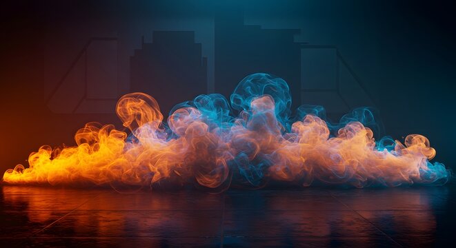 Vibrant orange smoke cloud with blue dramatic lighting