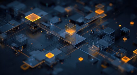 Abstract digital circuit board, with glowing orange cubes