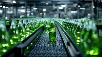 Green bottles on a conveyor belt in a bottling plant