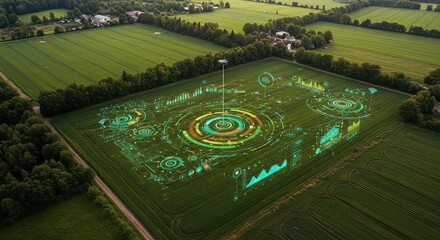Futuristic farm field displays complex holographic data visualization and AI analytics, showcasing precision agriculture technology and smart farming innovation in a stunning aerial view.