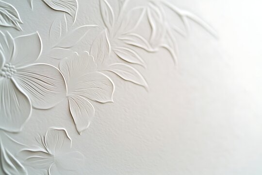 An elegant floral embossed pattern in white, creating a delicate and serene background with soft shadows and a minimalist aesthetic.